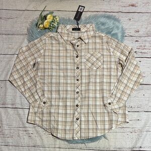 NWT White Fox Boutique Keep On Waiting Cream Grey Plaid Shirt sz S/M